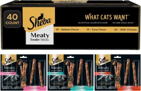 Sheba Meaty Tender Sticks Soft Cat Treats with Chicken, Tuna Flavor, and Salmon Flavor, 0.14 oz., 40 Count
