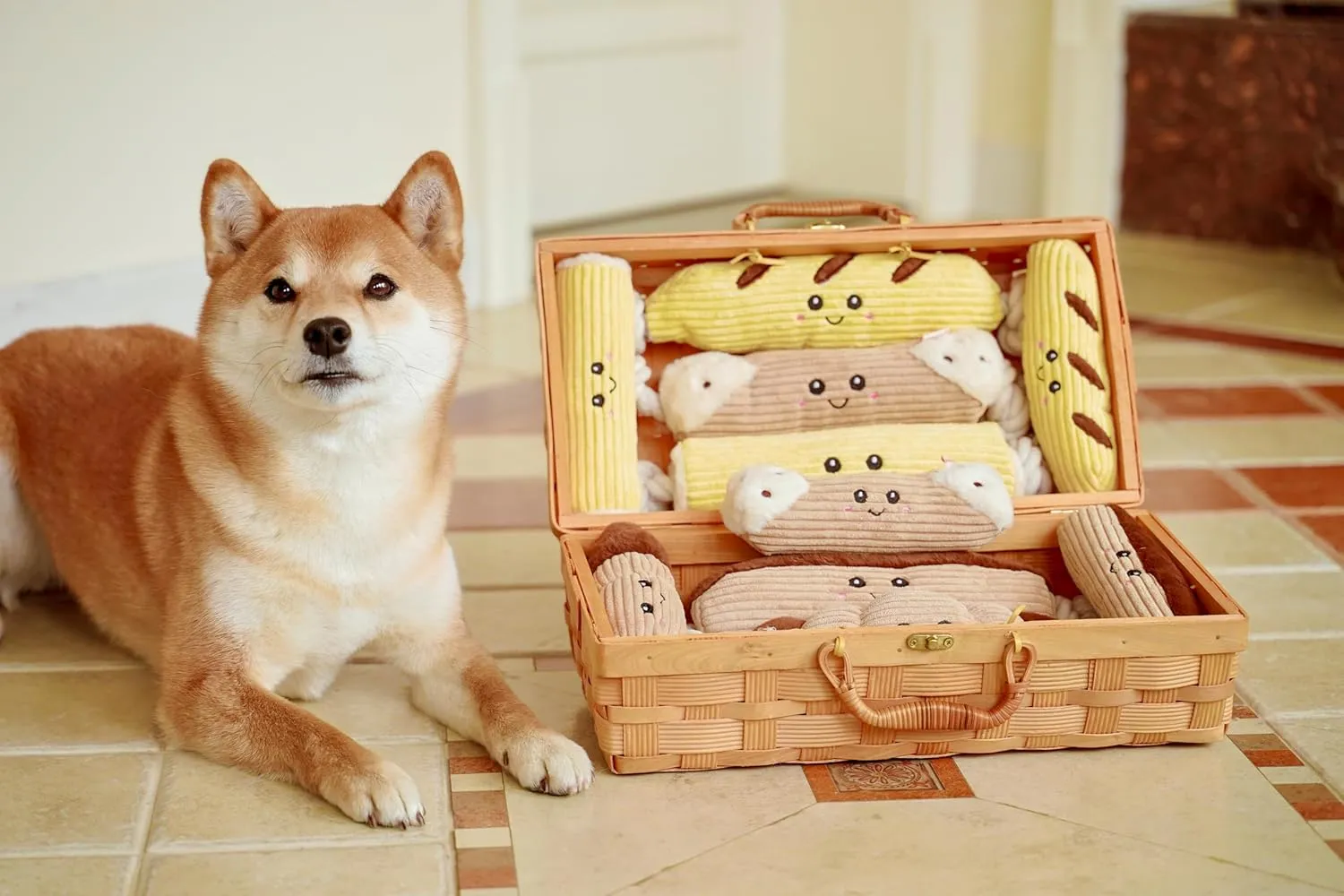 Squeaky Dog Plush Toy, Bakery Bite_Stick Collection, 8", for Small and Medium Dogs (Croissant, Small)