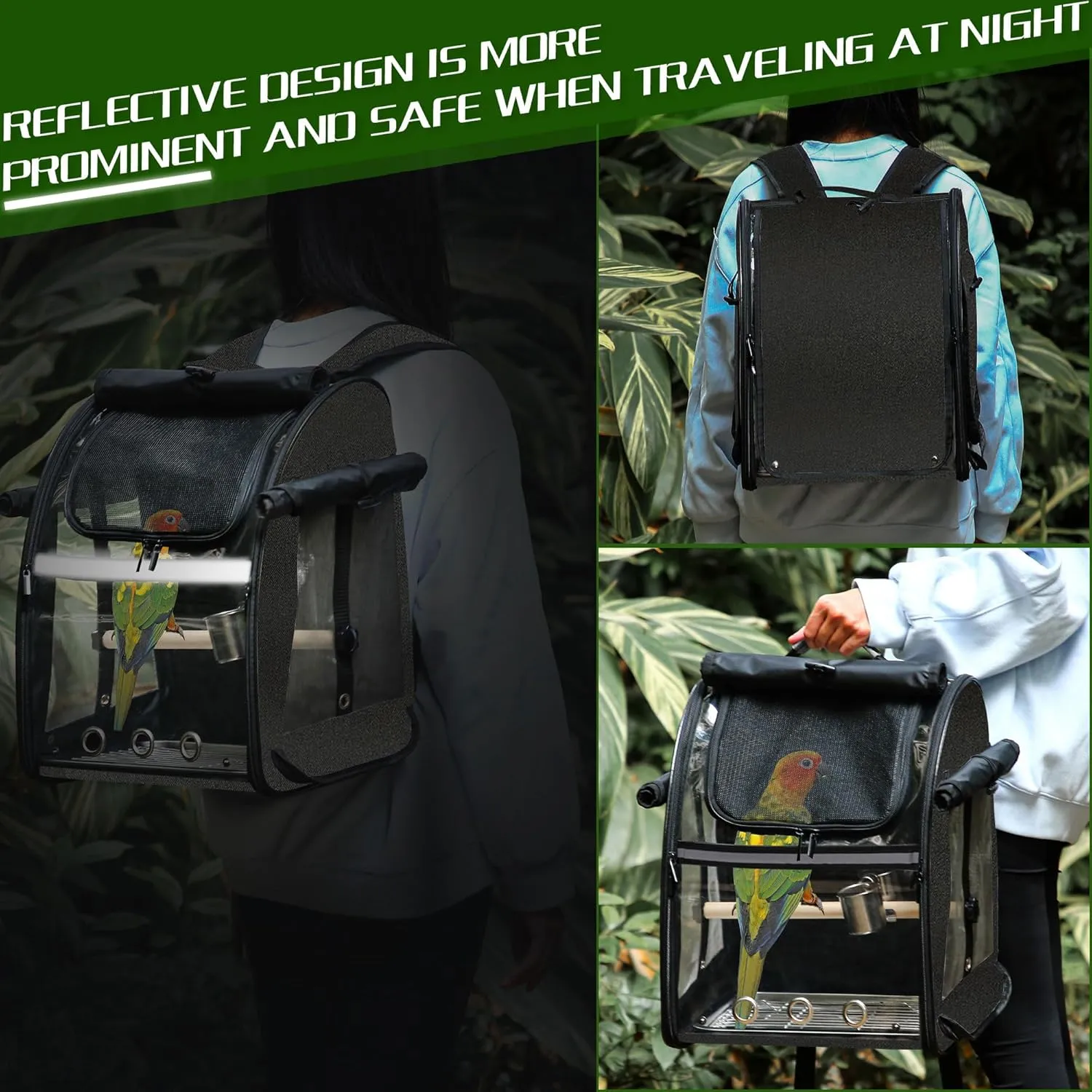 SUERTREE Bird Carrier Bag with Indestructible Stainless Steel Mesh, Bird Travel Cage with Stand, Easy to Clean Backpack for Parrot, Portable Bird Travel Bag, Pet Breathable Travel Cage, Black
