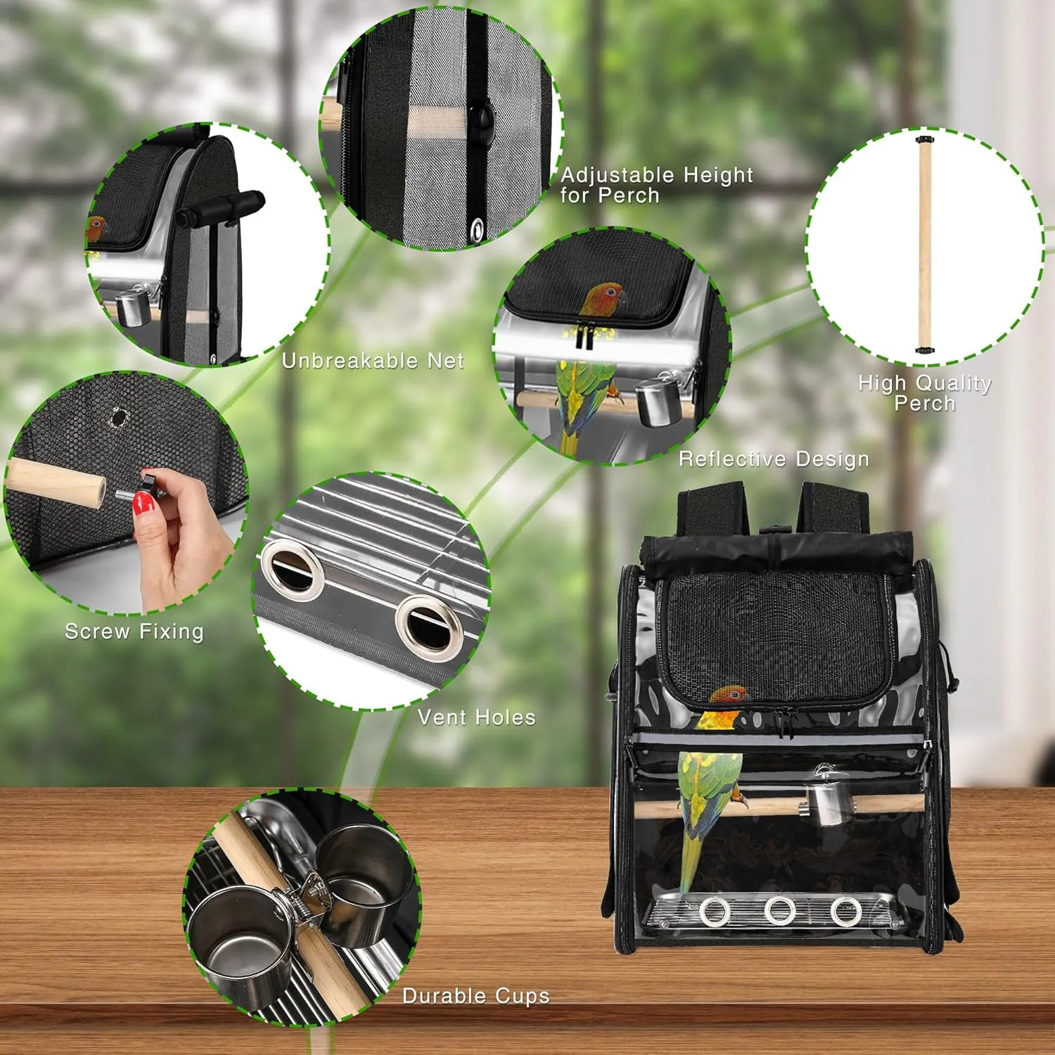 SUERTREE Bird Carrier Bag with Indestructible Stainless Steel Mesh, Bird Travel Cage with Stand, Easy to Clean Backpack for Parrot, Portable Bird Travel Bag, Pet Breathable Travel Cage, Black