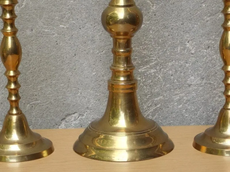 Trio Tall Solid Brass Ornate Candle Holders